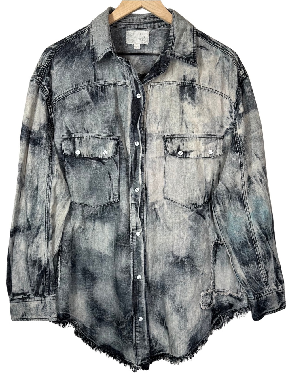 Oli & Hali SMALL Oversized Acid Wash Denim Shacket Frayed Snap Buttons Tie-Dye